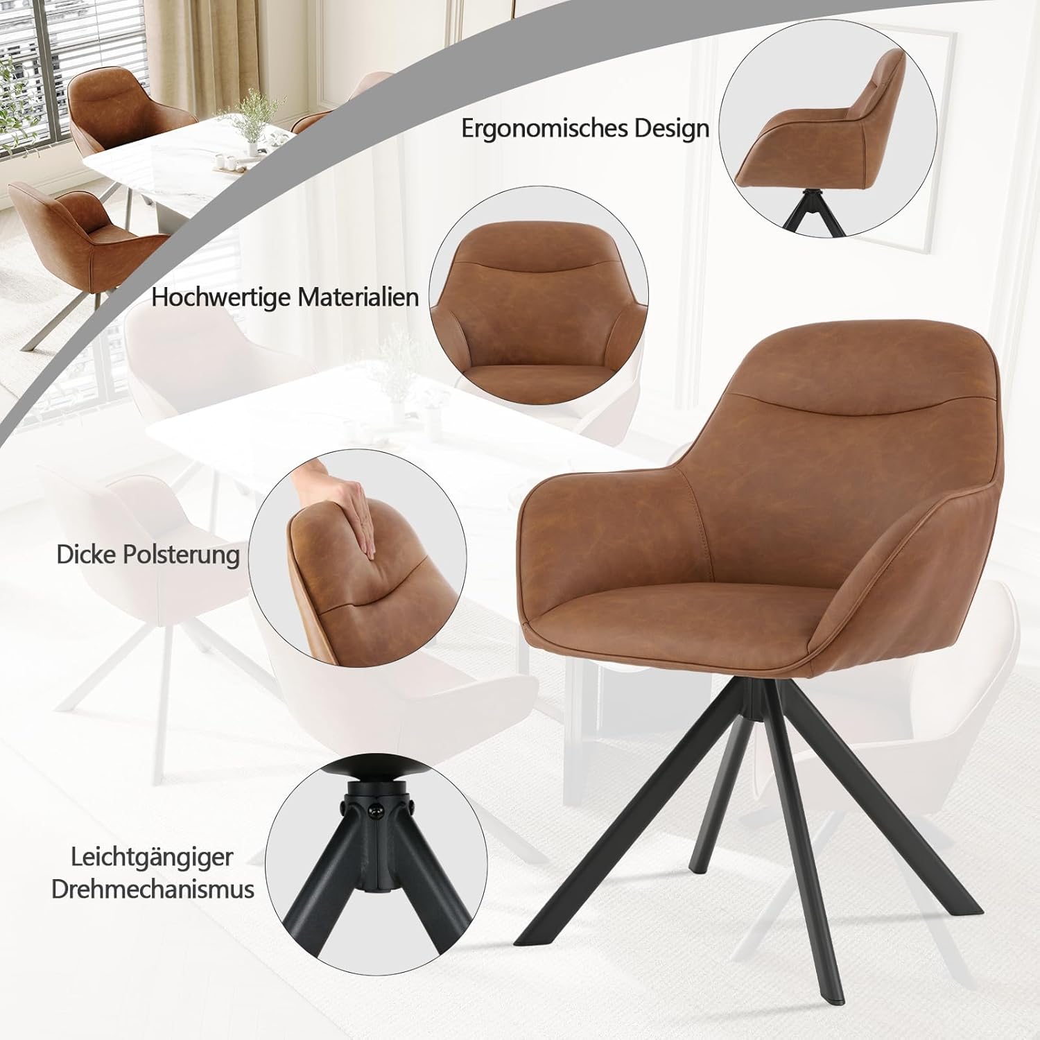 Thumbnail 5 de Goeurvant Drehstuhl Esszimmer – 4er-Set, Kunstleder, 360° Drehung, Metallbeine, braun