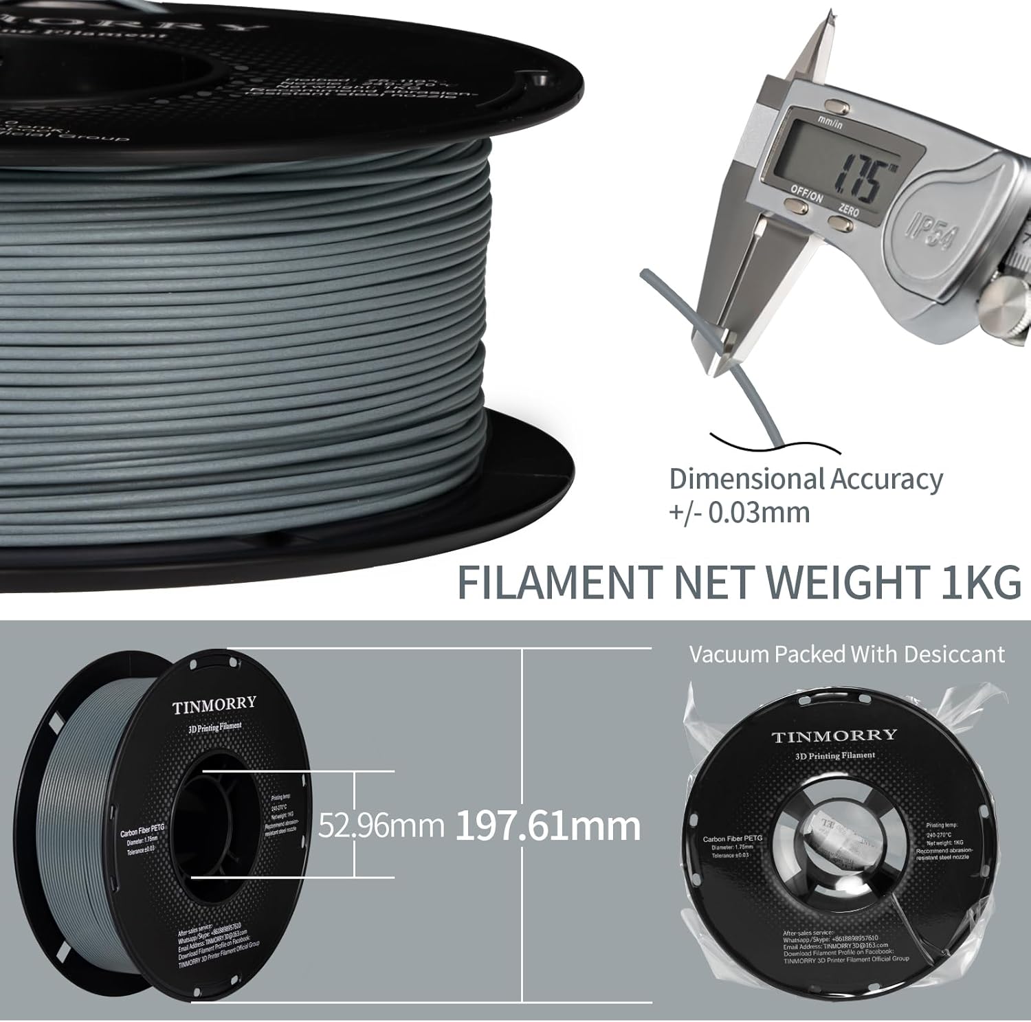 Thumbnail 4 de TINMORRY Carbon Fiber PETG Filament 1.75 mm – 1 kg Spule, Grau Marmor, für robuste FDM-Drucke