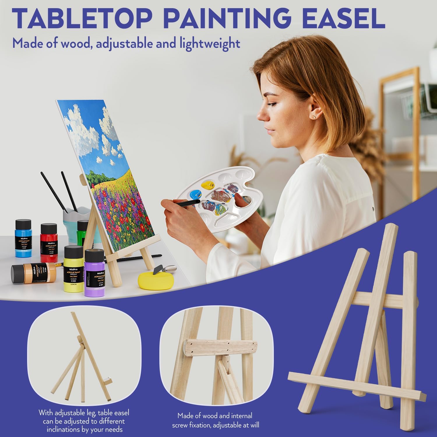 Thumbnail 4 de Nicpro Acrylic Paint Canvas Set for Adults – 80-Piece Art Kit with 36 Paints, Easel, 10 Canvases & Accessories