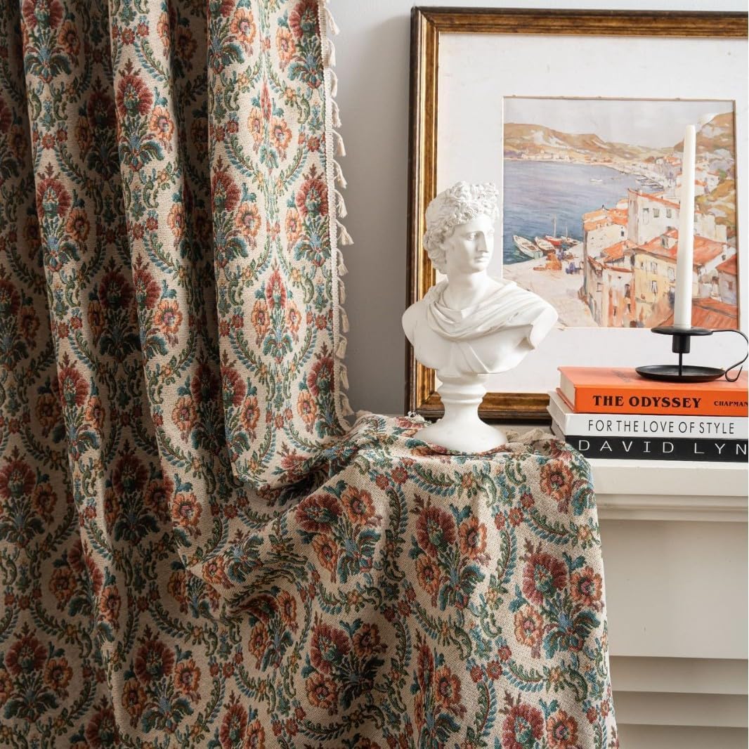 Thumbnail 1 de USTIDE Shabby Rustic Jacquard Floral Curtain – 1 Panel Room Darkening Vintage Lace Macramé Garden Style, 150×180cm