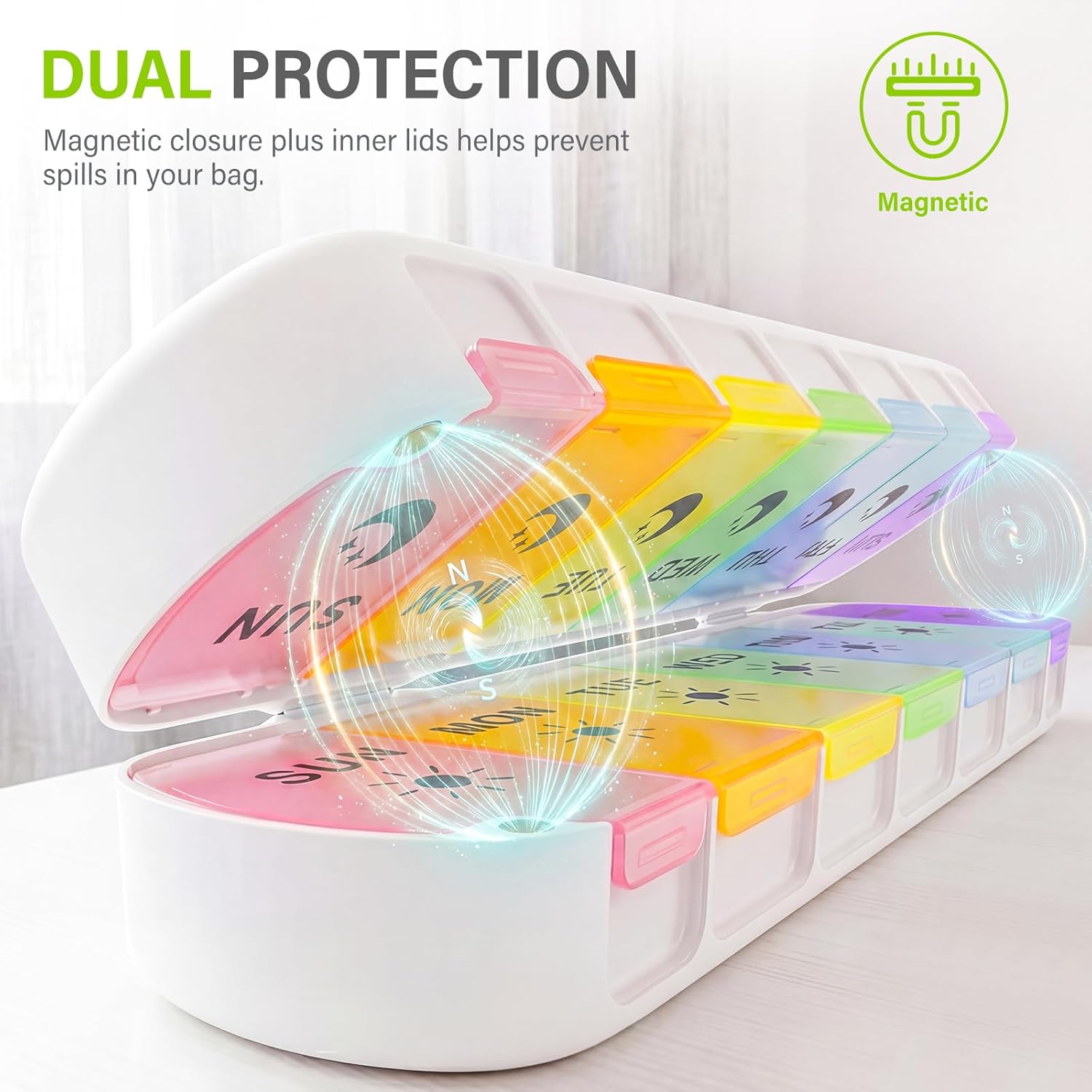 Detalle de Mossime Foldable Weekly Pill Organiser – Premium Magnetic AM/PM 14-Compartment 7-Day (Travel Friendly)