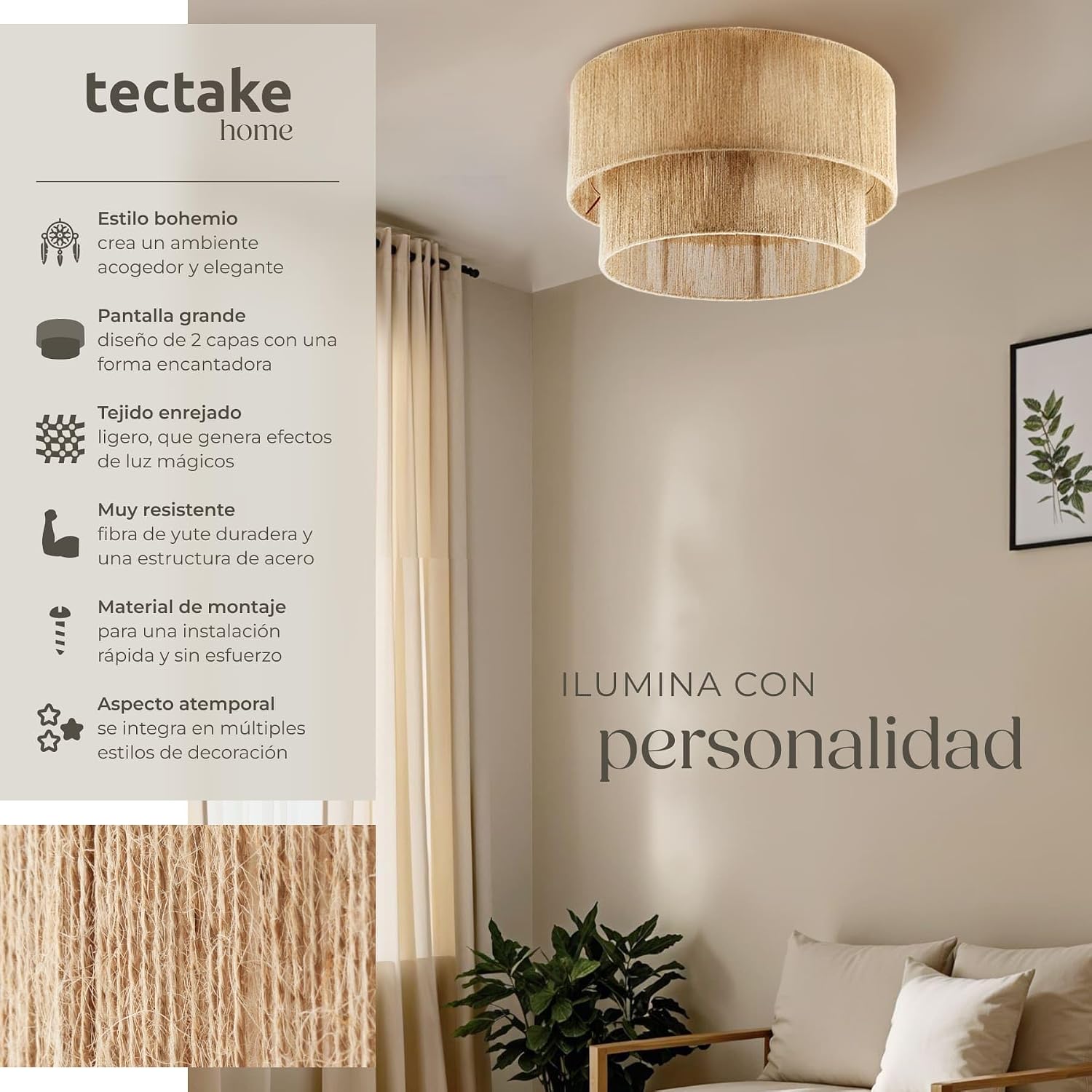 Detalle 2 de tectake Lampara Techo Boho yute 40 W