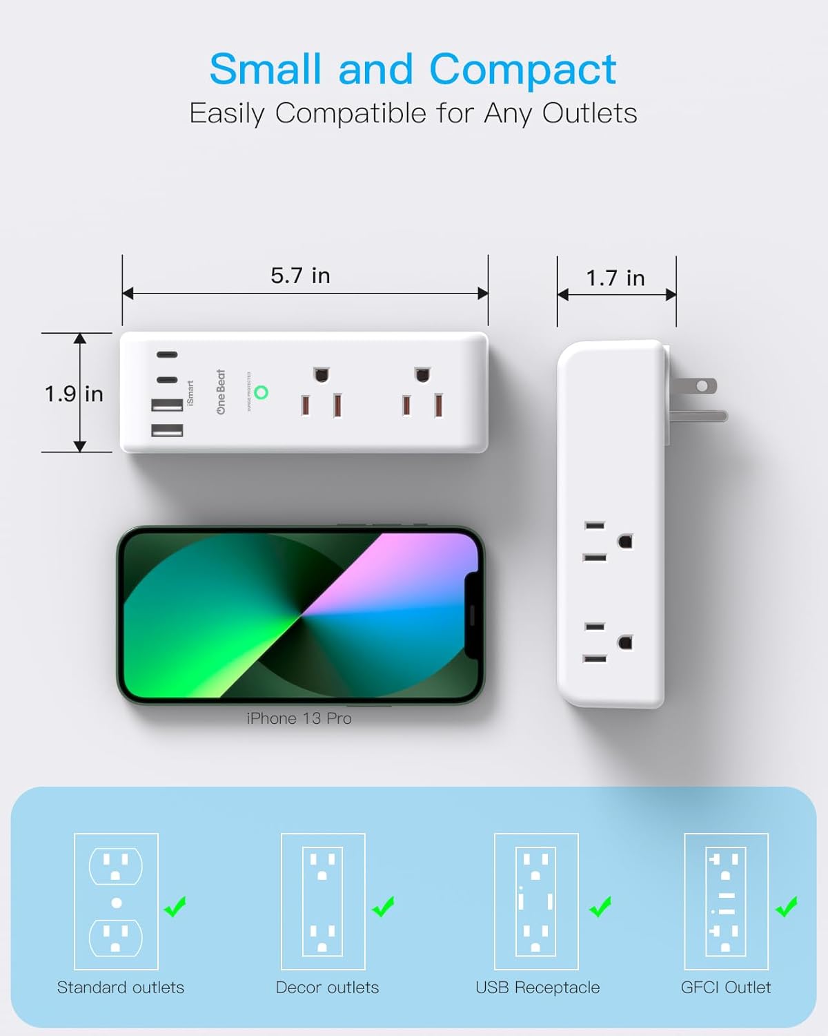 Thumbnail 6 de Surge Protector Outlet Extender with Rotating Plug — 6 AC Outlets + 4 USB (2 USB-C), 1800J surge protection