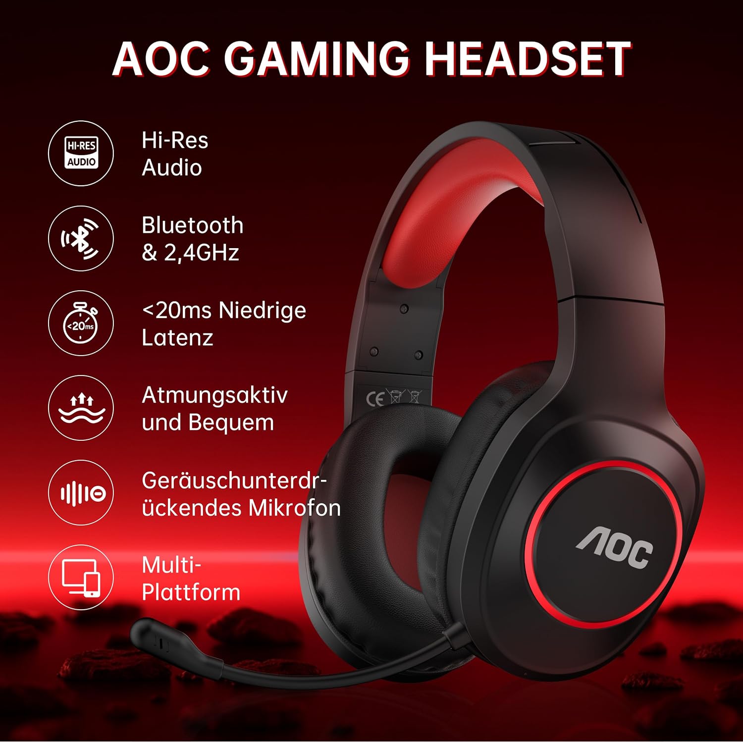 Detalle de AOC Gaming Headset kabellos – Vielseitige 4-in-1-Verbindung, 7.1-Surround-Sound und lange Ausdauer
