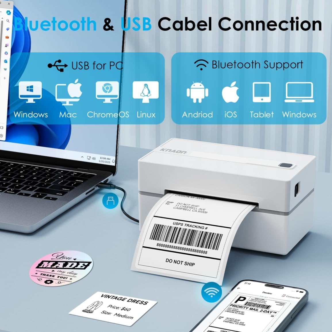 Detalle de KNAON Bluetooth Thermal Shipping Label Printer (4x6) — Wireless, Multi‑Platform for Small Businesses
