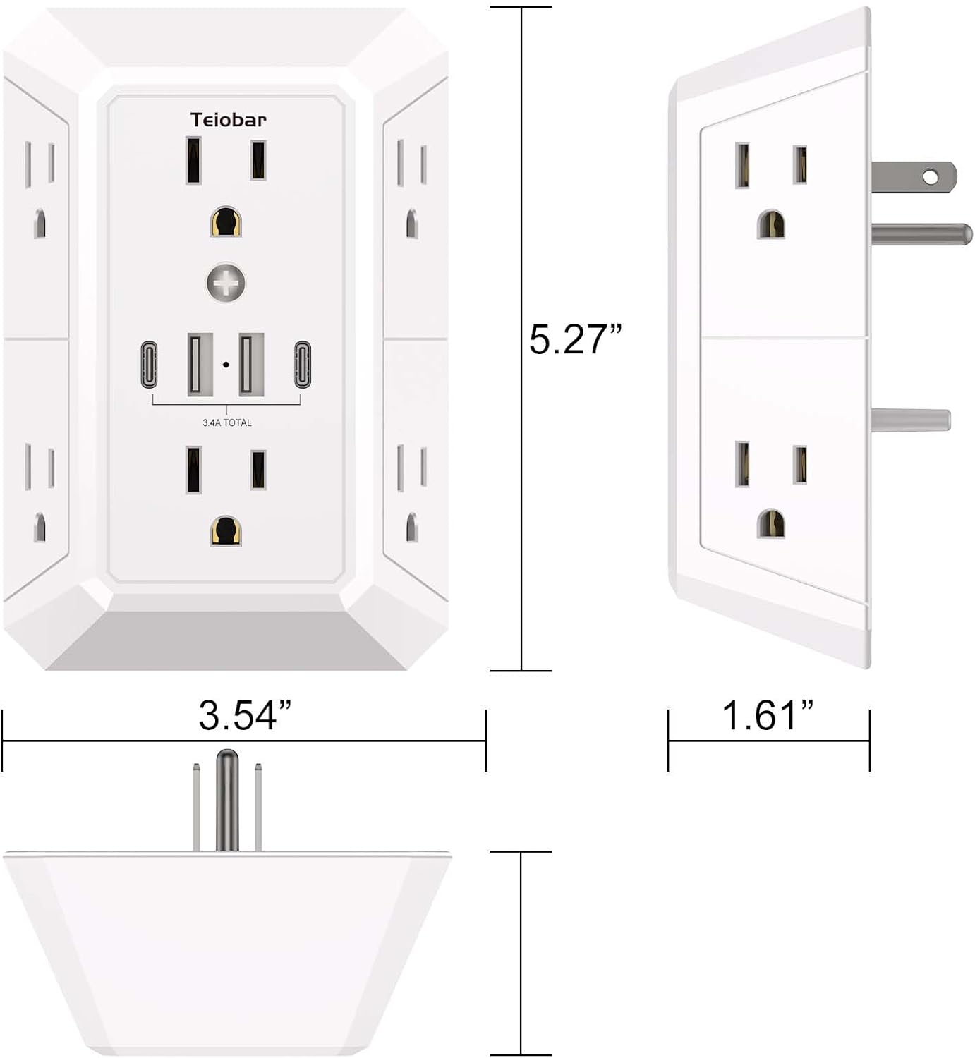 Thumbnail 6 de Teiobar HR-519B Wall Outlet Surge Protector, 6 Outlets, 4 USB Ports