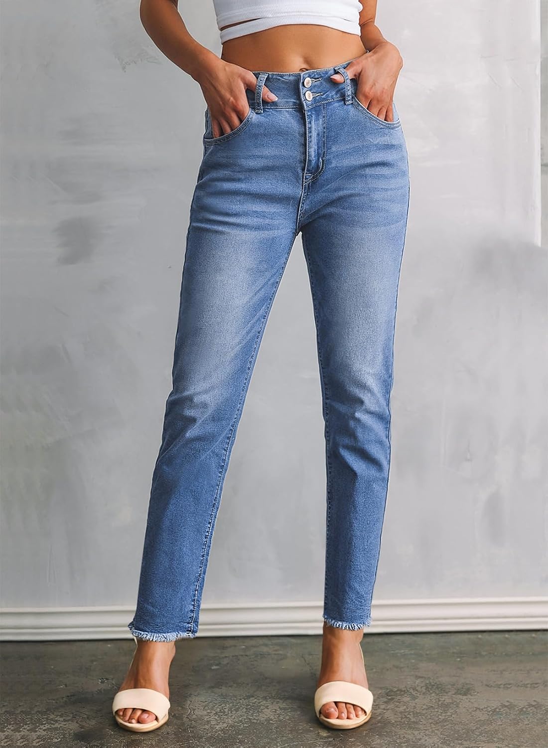 Detalle de Sidefeel Women's High Waisted Stretch Denim Jeans with Raw Hem — Straight Leg, Ankle Length, with Pockets