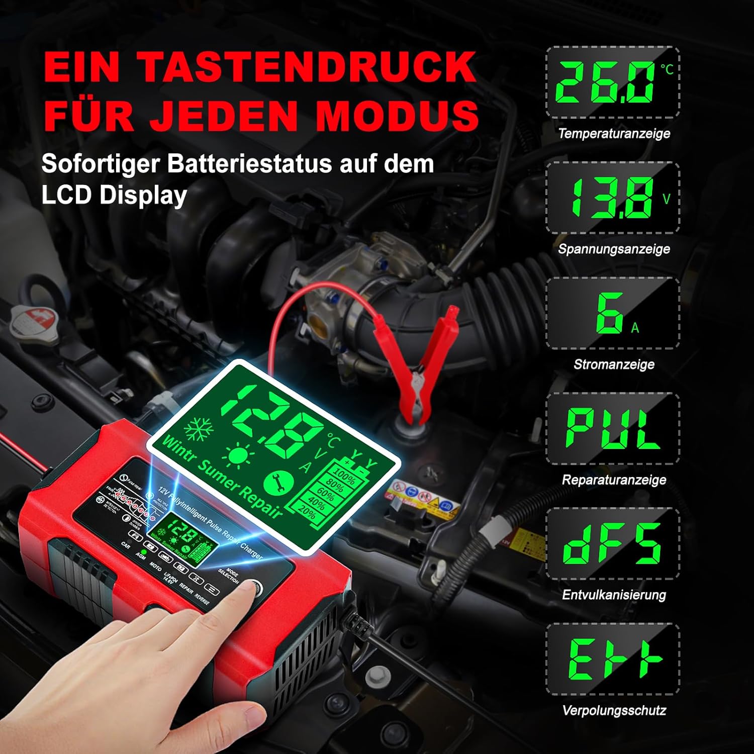 Thumbnail 1 de YDBAO Autobatterie-Ladegerät 10A 12V Smart – vollautomatisches KFZ-Ladegerät mit LCD, Temperaturkompensation & Reparaturmodus