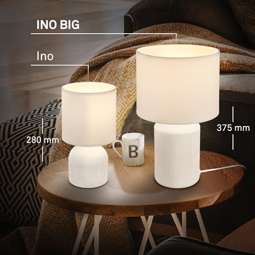 Detalle de BRILONER Tischlampe mit Stoffschirm und Keramikfuß – 22 x 37,5 cm, Weiß