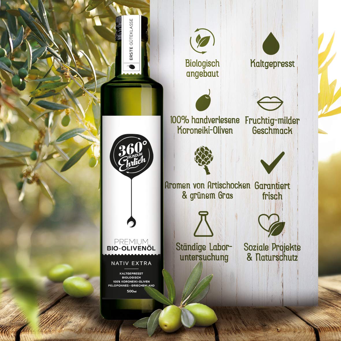 Detalle 2 de Bio Olivenöl Extra Nativ Kaltgepresst 500ml – Premium Griechisches Olivenöl aus Kalamata, 100% Koroneiki