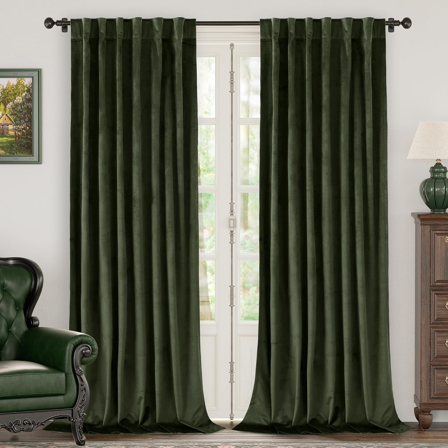 Detalle de BGment Olive Green 52 x 84 Velvet Blackout Curtains, 2 Panels