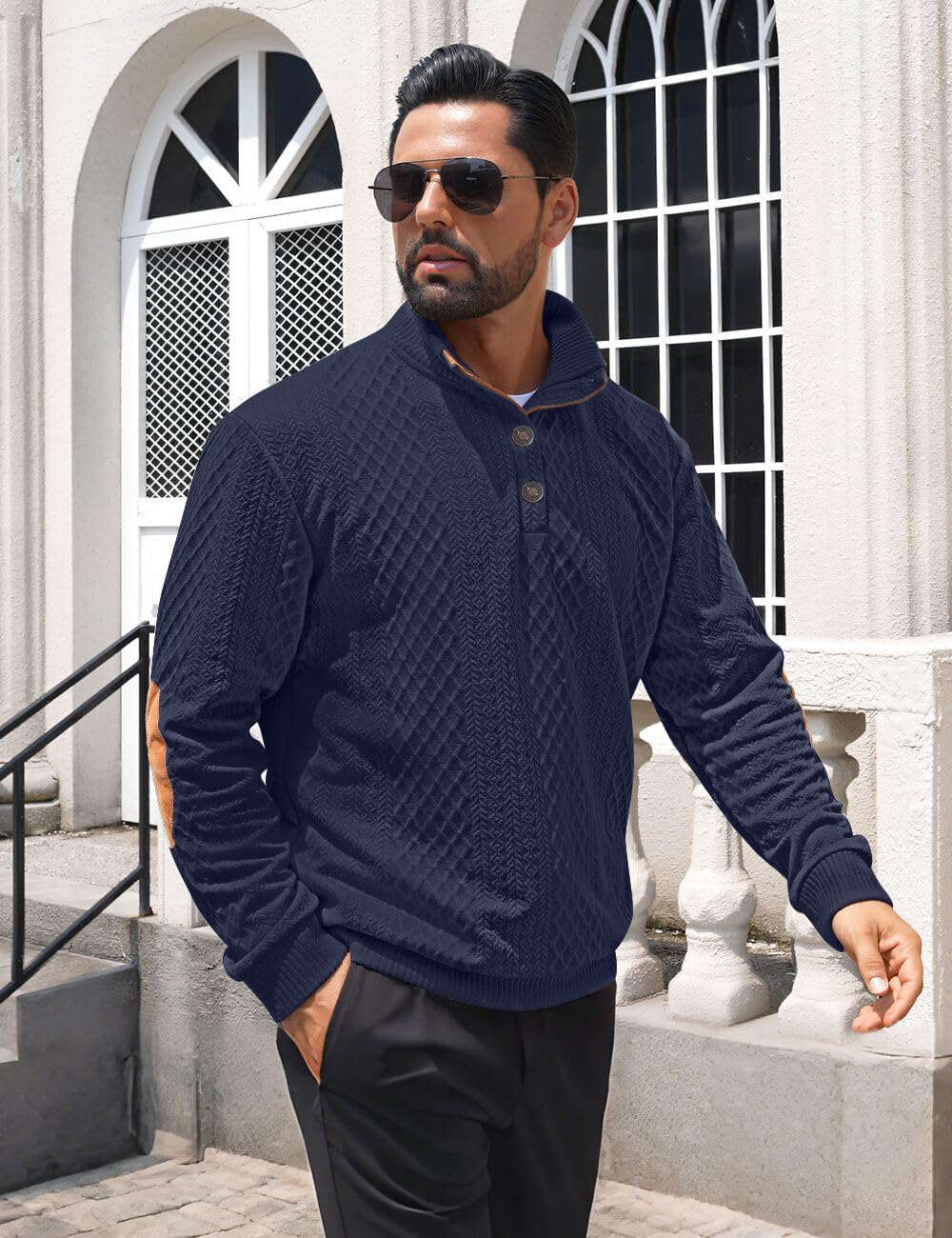 Detalle de QOSOQ Men’s Casual Sweatshirt Pullover Sweater with Stand Collar and Quarter Button