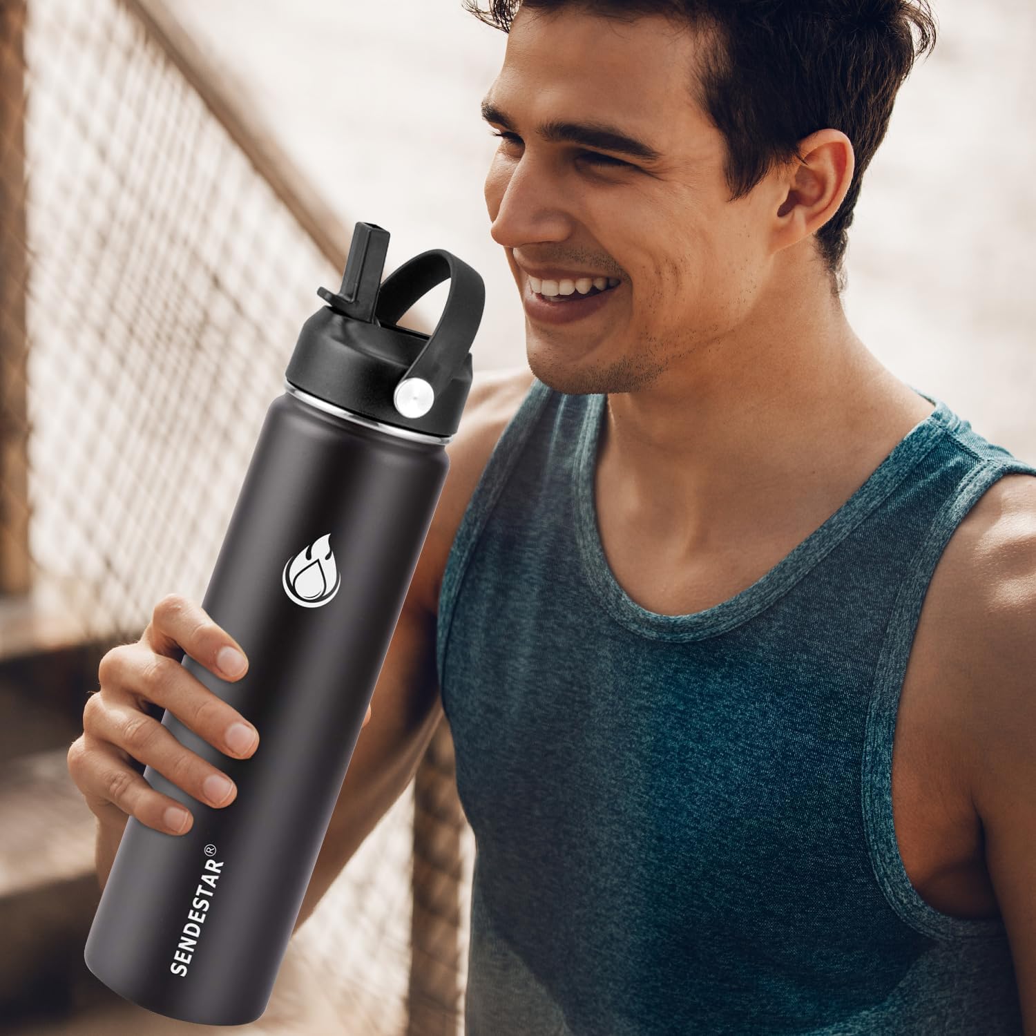 Thumbnail 3 de SENDESTAR 24 oz Insulated Water Bottle (Wide Mouth, Straw Lid + Spout Lid) — Black