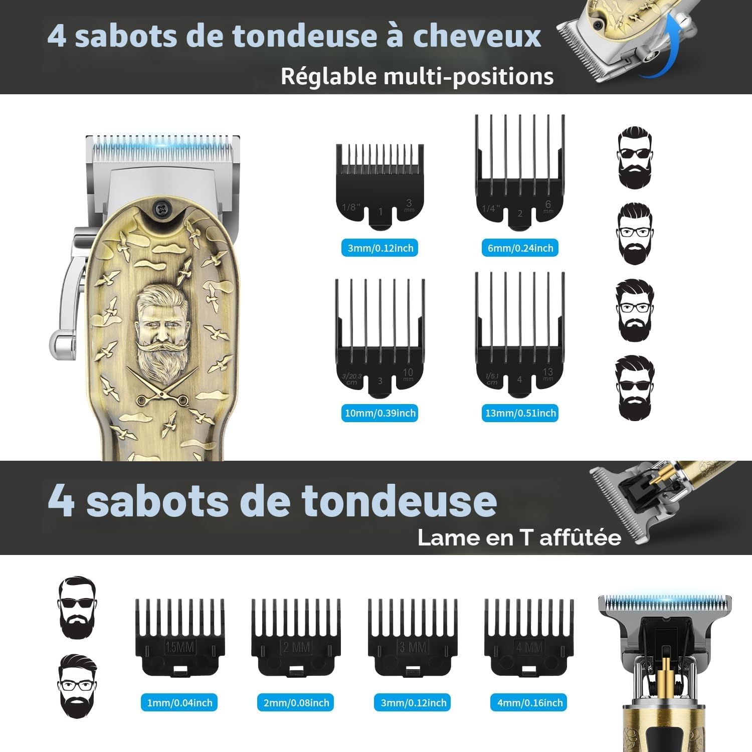 Detalle 2 de HIENA PRO Tondeuse à cheveux professionnelle pour hommes – 4 en 1, kit sans fil rechargeable