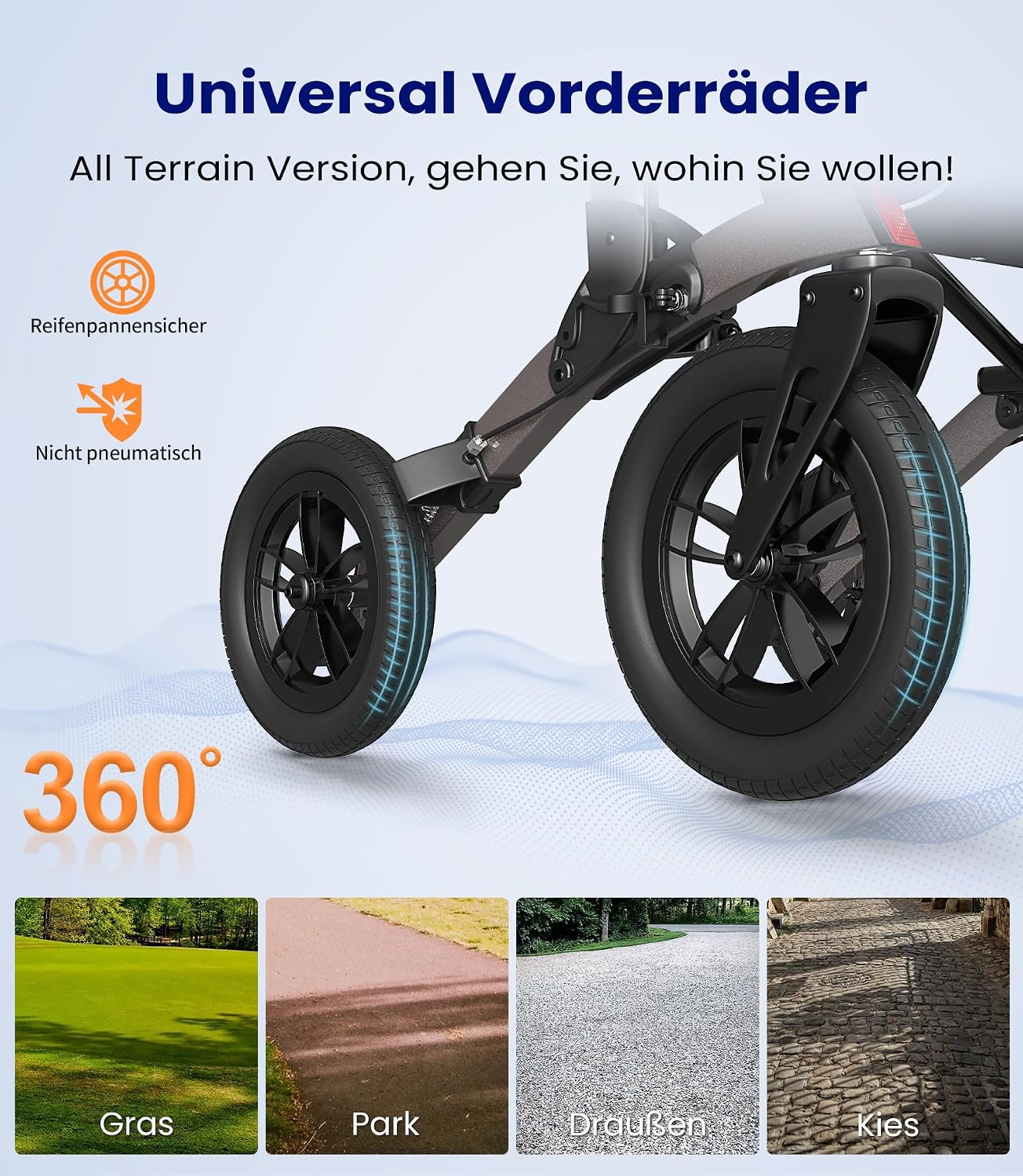 Detalle 2 de VOCIC Rollator faltbar und leicht mit Sitz – Outdoor-Rollator mit nicht-pneumatischen Gummi-Reifen, grau