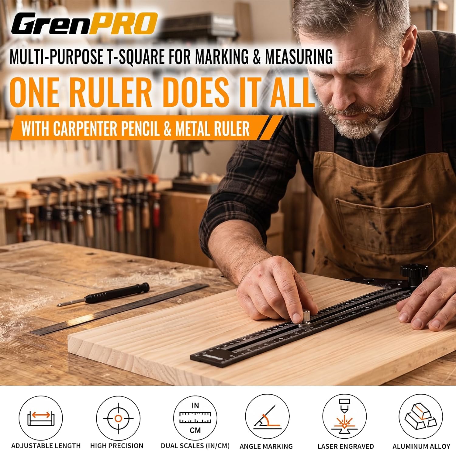 Thumbnail 1 de GRENPRO Combination Speed T-Square Ruler and Angle Finder, Aluminum, Dual Scales