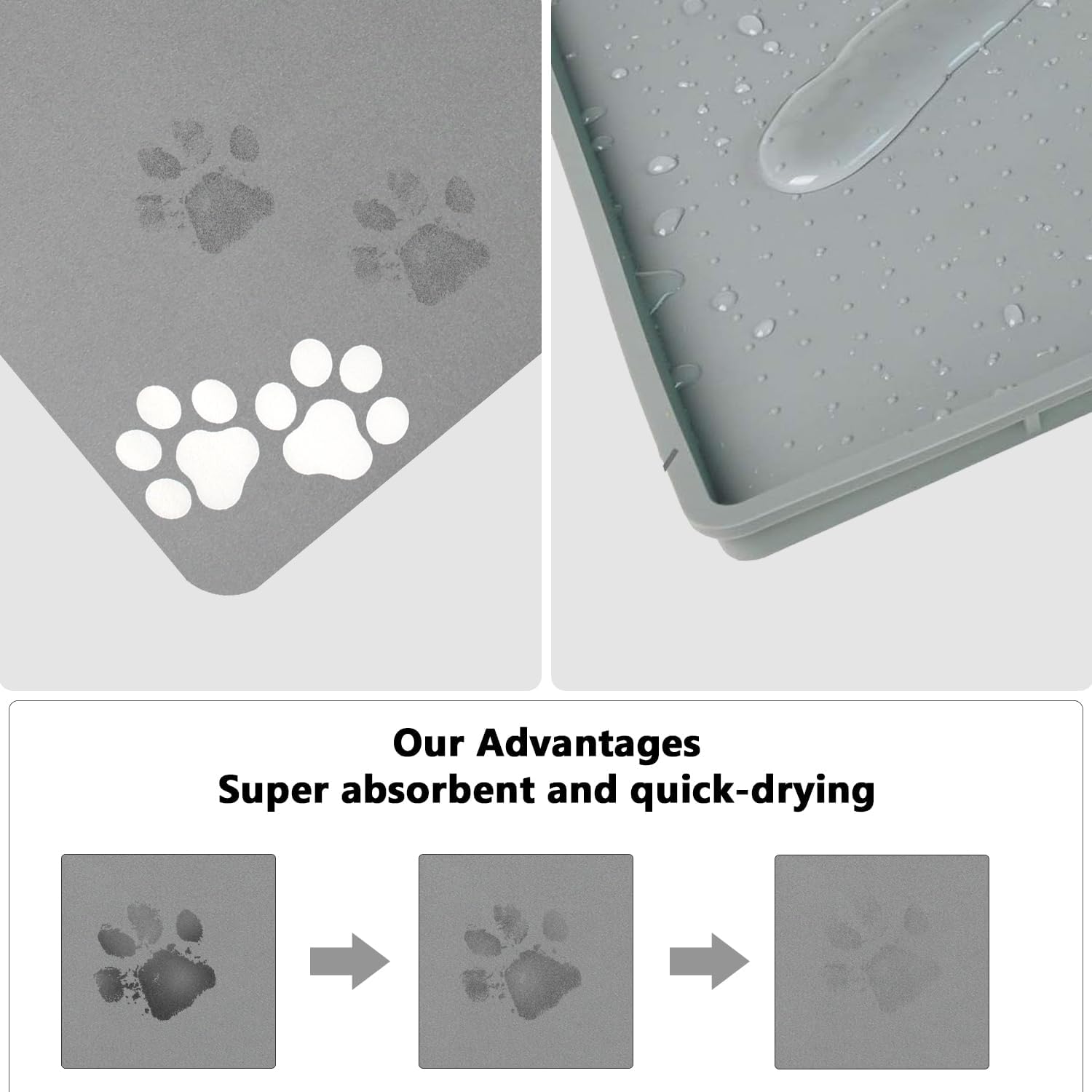 Detalle 1 de Lurowo Pet Feeding Mat Super Absorbent Dog & Cat Bowl Mat (Light Grey, 43 x 75cm) – Two Pairs of Paws Pattern