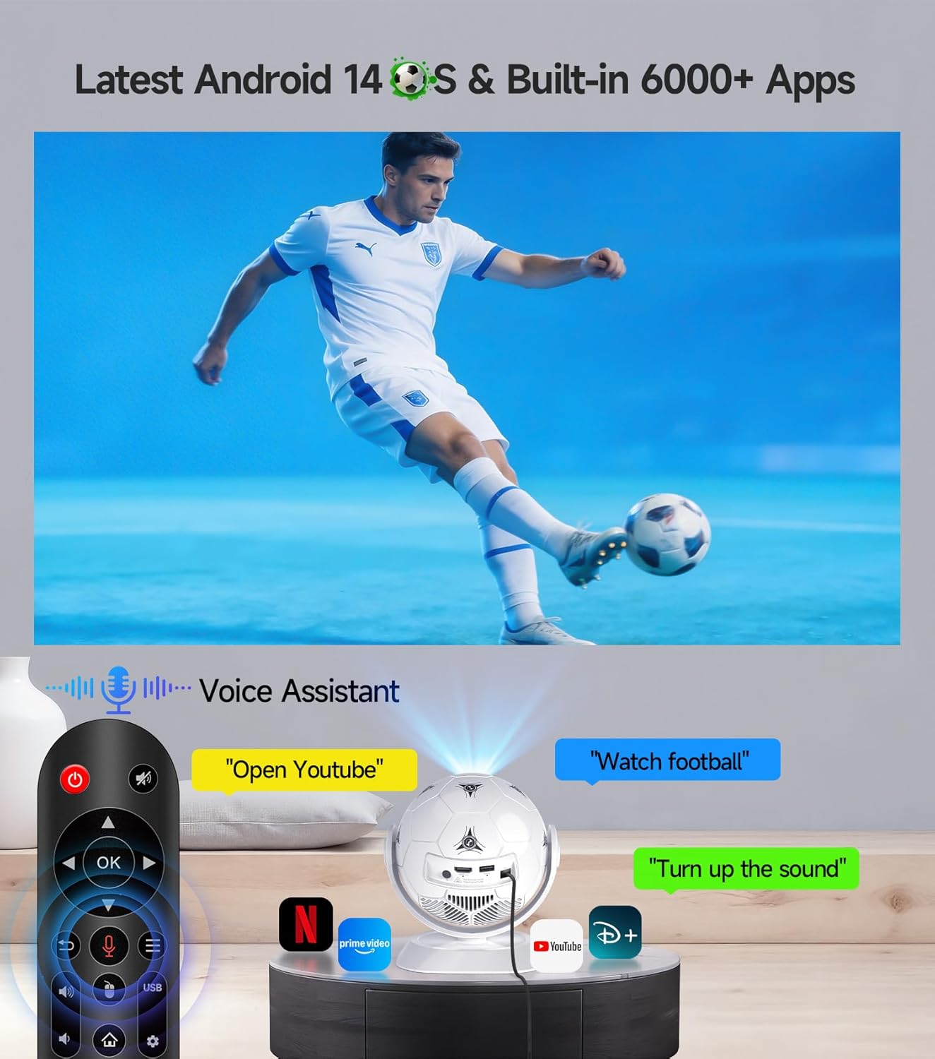 Detalle de 2026 Android 14 Mini Projector with WiFi 6 and Bluetooth 5.4 – 4K Support, 180° Auto Keystone