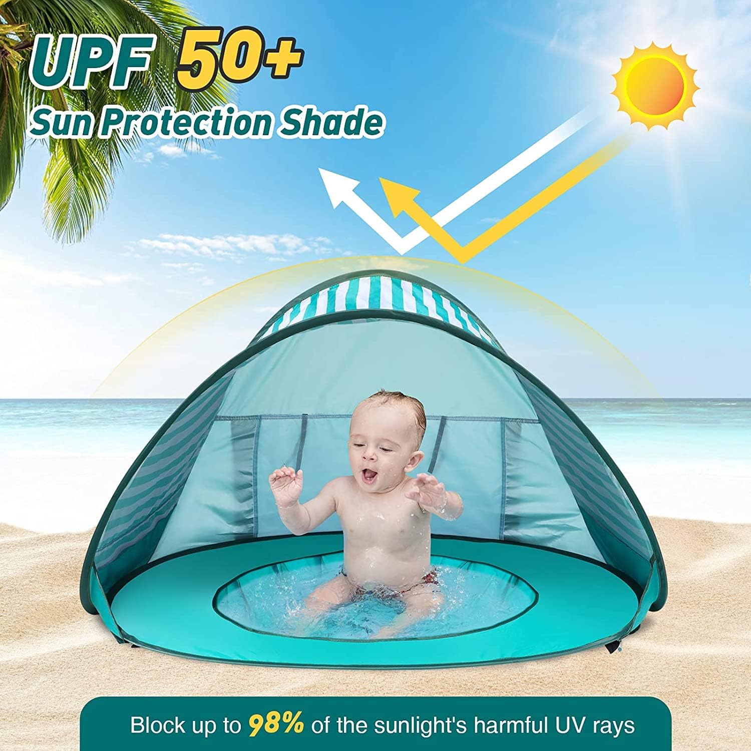 Thumbnail 1 de Pop Up Baby Beach Tent with Automatic Sun Shade, UPF 50+ UV Protection & Mini Pool (Green)