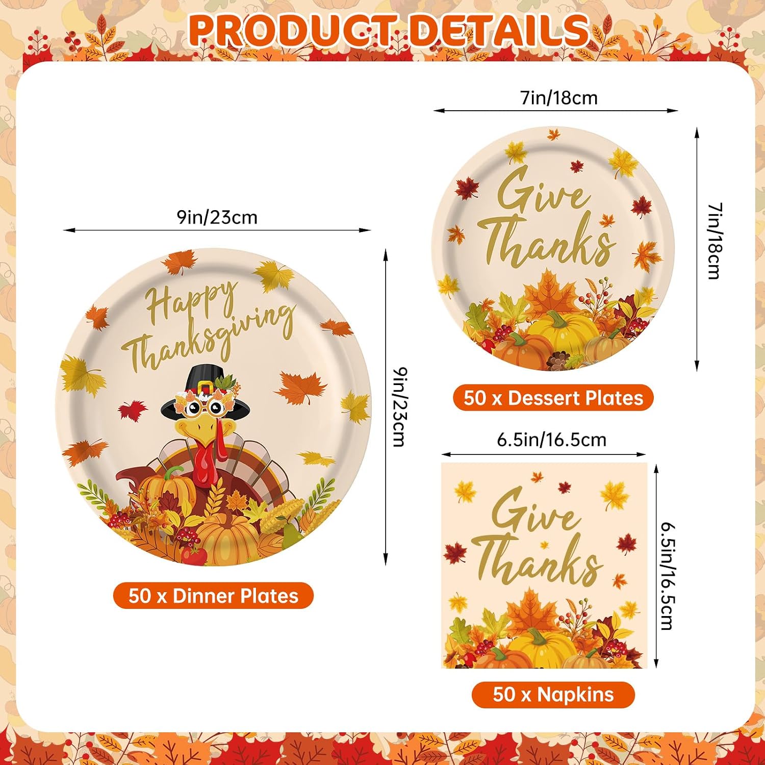 Detalle de PERFQU Thanksgiving Paper Plates and Napkins Set, 150 Pieces, 9- and 7-Inch