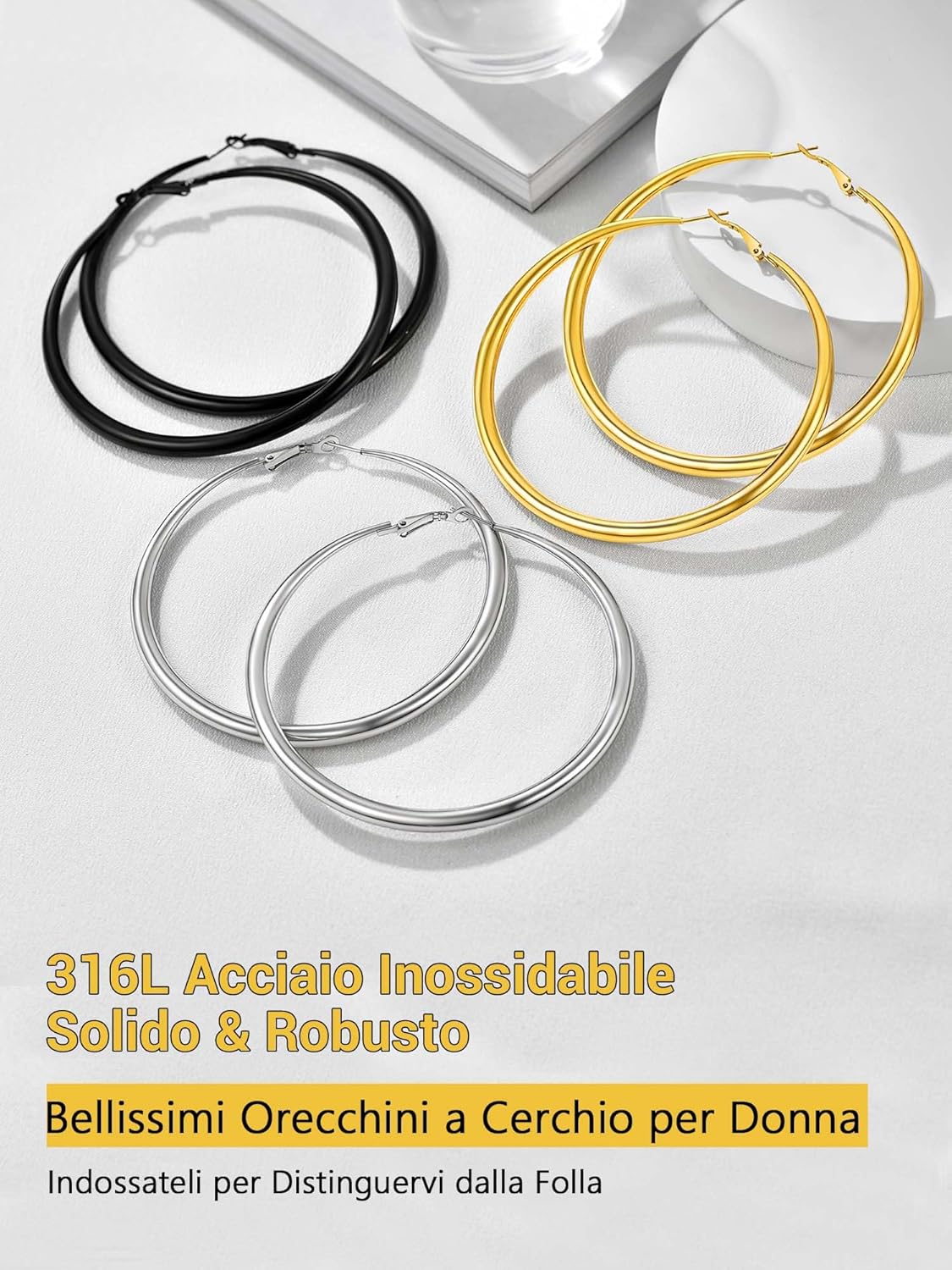 Thumbnail 2 de PROSTEEL Orecchini a cerchio in acciaio 316L chirurgico 40/60/80 mm con confezione regalo