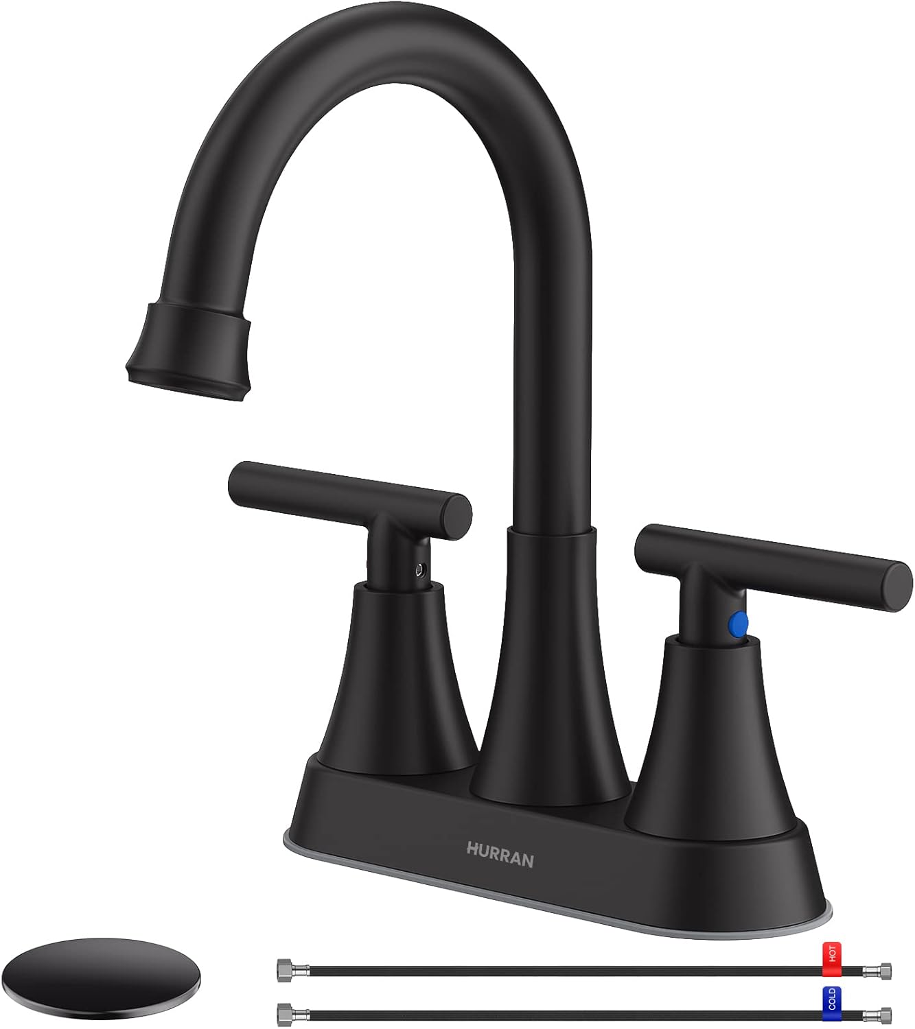 Detalle de Hurran 4-Inch Centerset Matte Black Bathroom Faucet (3-Hole Sink) with Pop-Up Drain and Supply Hoses