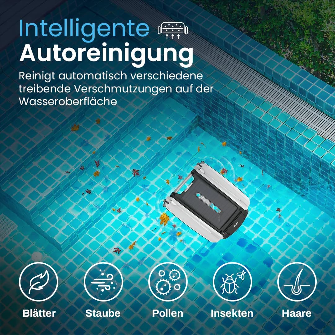 Detalle de Betta SE Solar Pool Skimmer Roboter – 30 h Autonomie, salzwasserbeständig, 24/7 Oberflächenreinigung (Weiß)
