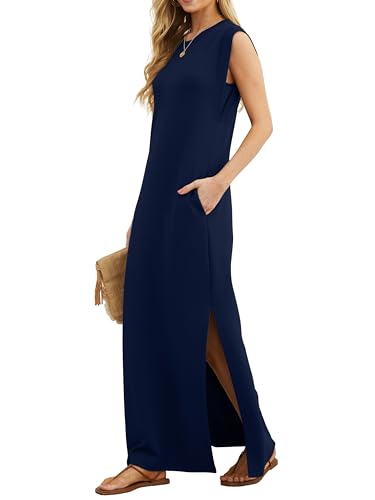 Detalle de GRECERELLE Navy Blue Summer Maxi Dress with Pockets and Split