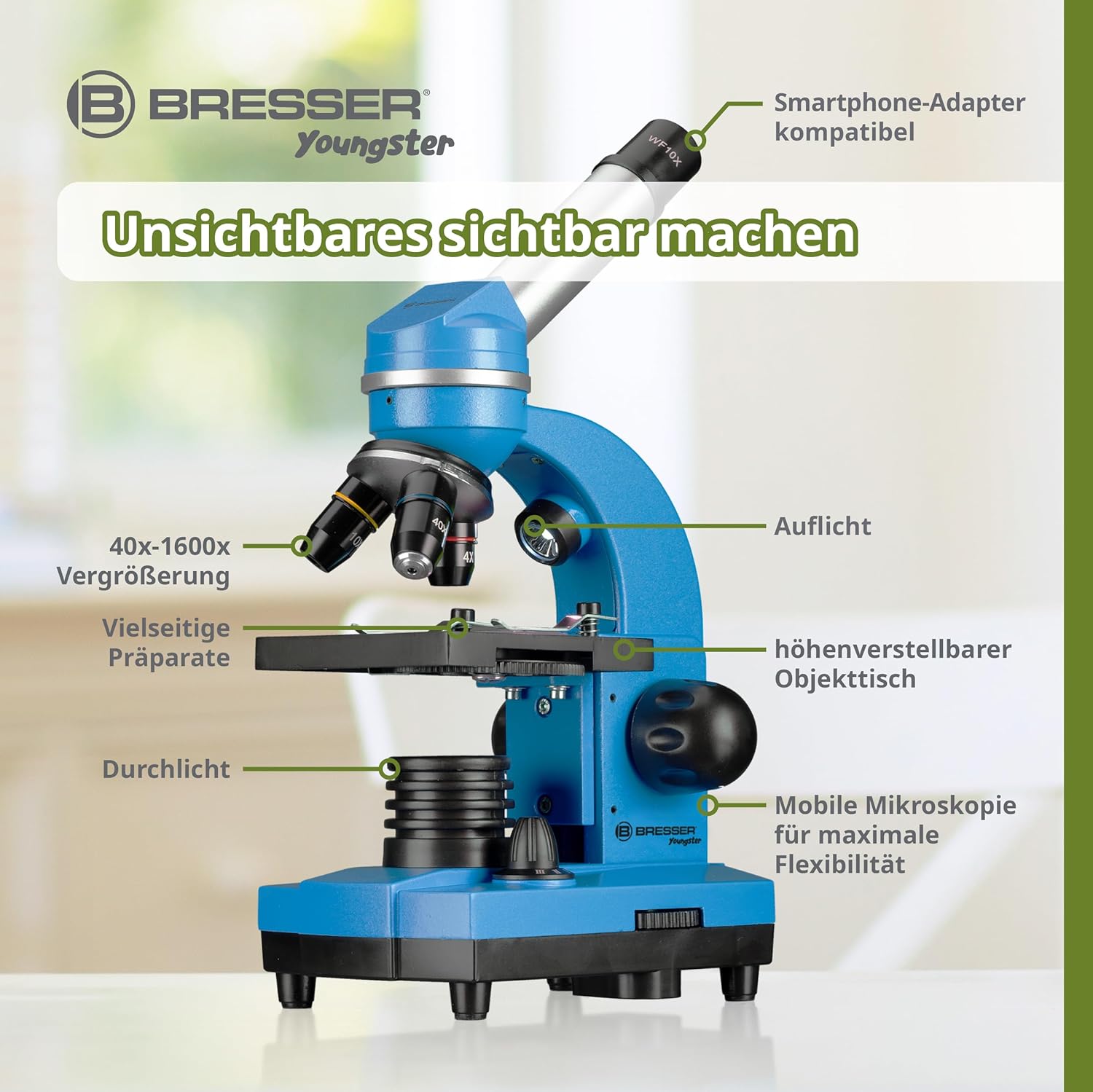 Detalle de Bresser Junior BIOLUX: Schülermikroskop mit Smartphonehalter – Einsteiger‑Set mit umfangreichem Zubehör