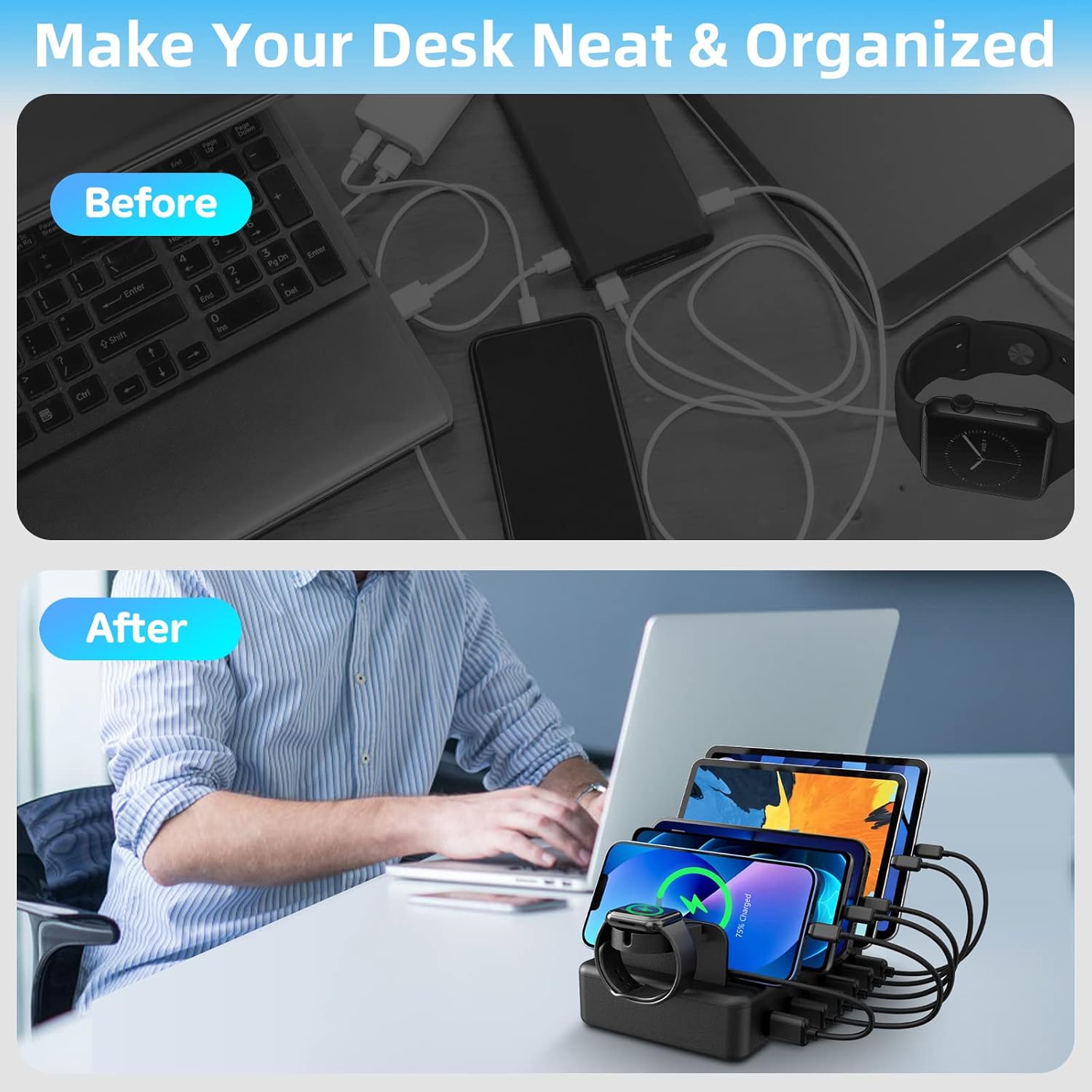 Thumbnail 1 de Charging Station for Multiple Devices with Apple Watch Holder – 6 Ports, 50W (Black)