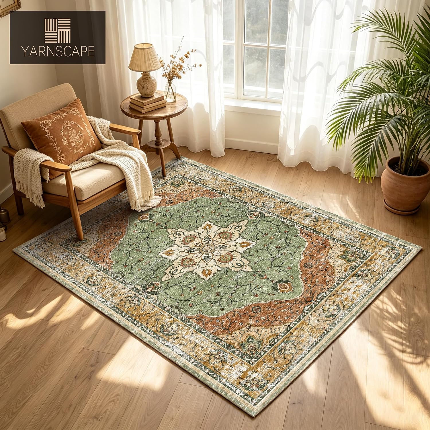 Detalle de YARNSCAPE Area-Rug 5' x 7' Washable Low-Pile Rug, Non-Slip, Sage Green