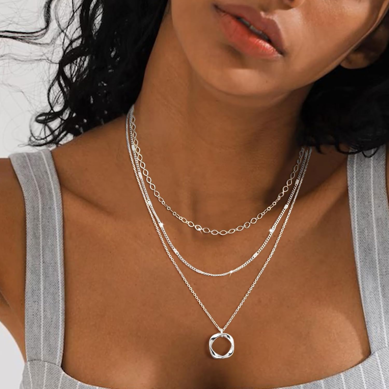 Detalle 2 de Meteorstarry Halsreif Damen Silber 925 Sterling – 3er Layering Set mit Anhängern