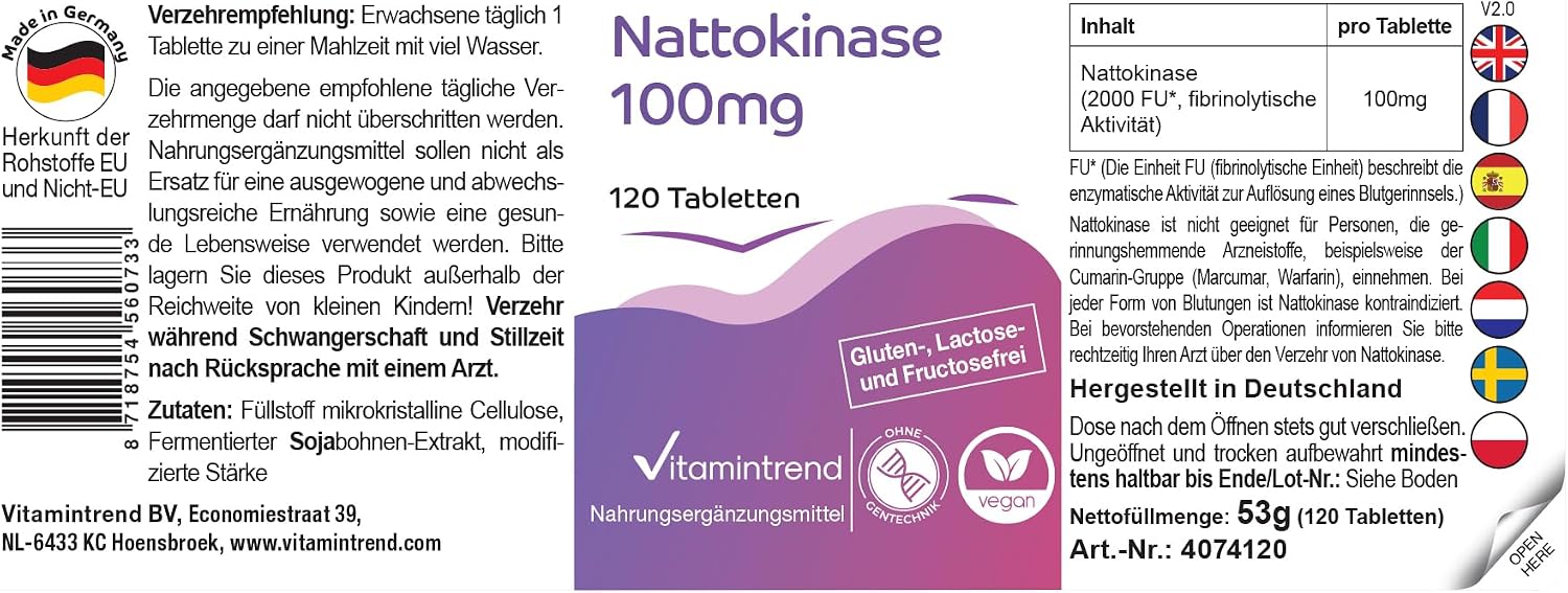 Detalle 2 de Vitamintrend Nattokinase hochdosiert 100 mg – 120 Tabletten, vegan, made in Deutschland