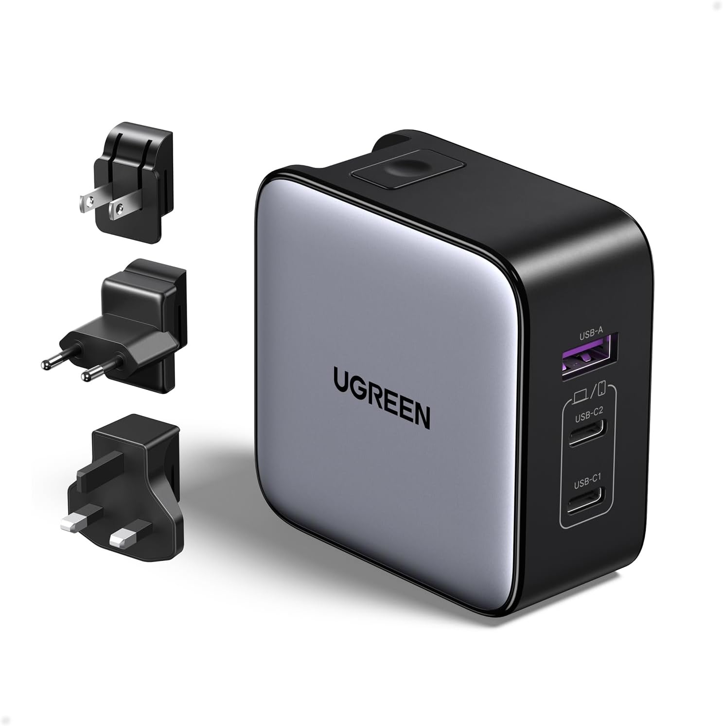 Detalle de UGREEN Nexode 65W GaN USB-C Chargeur de Voyage 3 Ports avec prises EU/UK/US amovibles