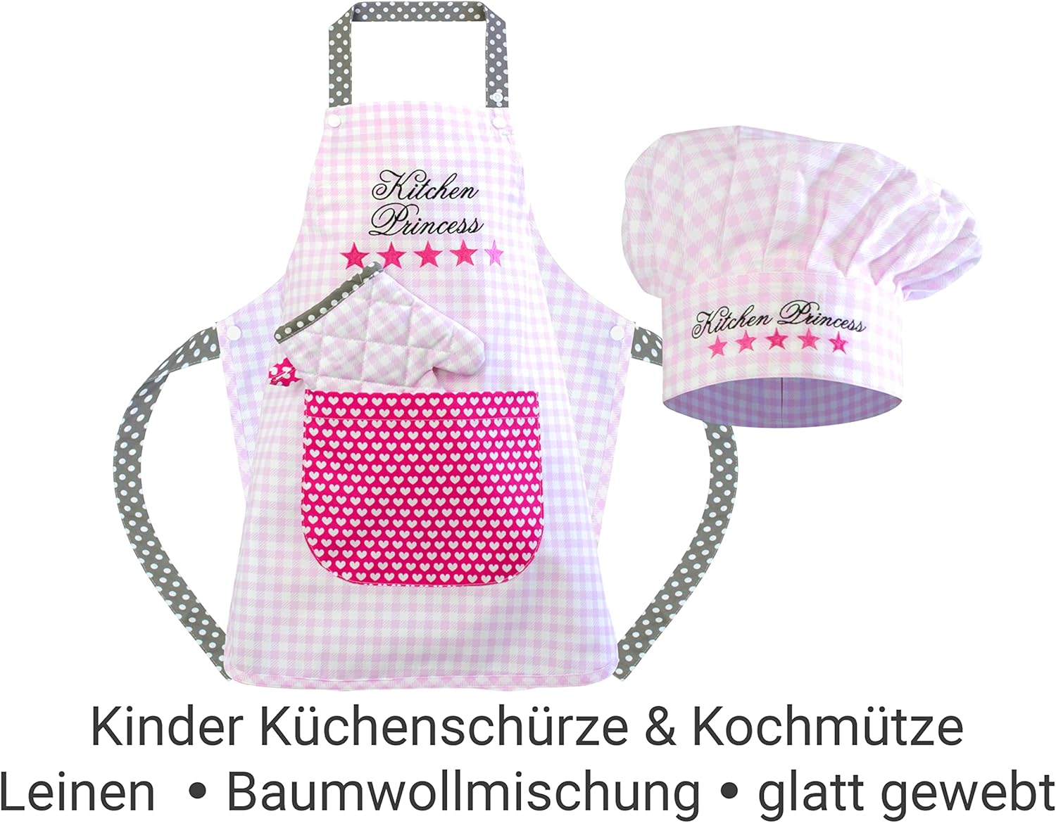 Thumbnail 1 de Emily 1428.2002 – Lot de 3 Casquettes de Cuisine avec Tablier et Gant pour Enfant, Motif Carreaux, Kitchen Princess, Small (3-6 ans)