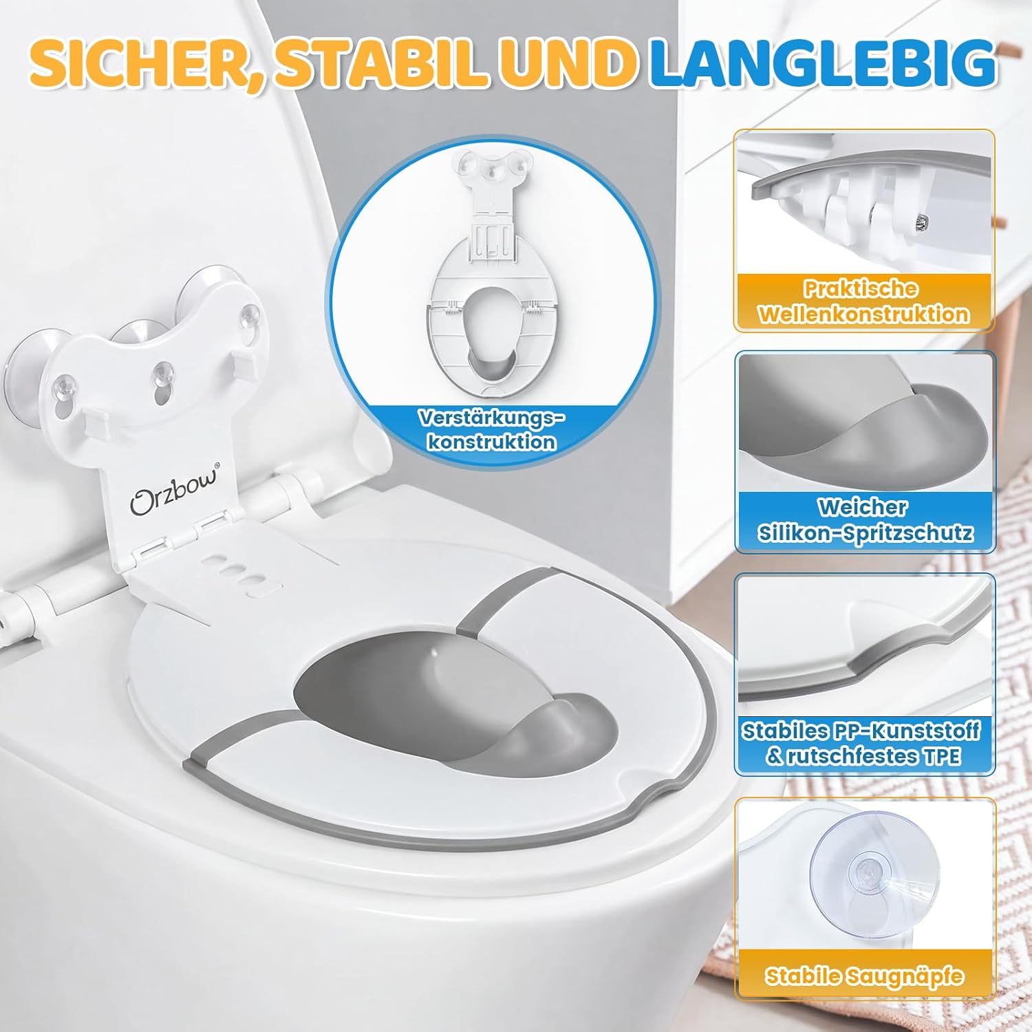 Detalle de Orzbow faltbarer Toilettensitz für Kinder – tragbarer Klositz mit Weichgummi-Urinbarriere und Saugnapf, weiß