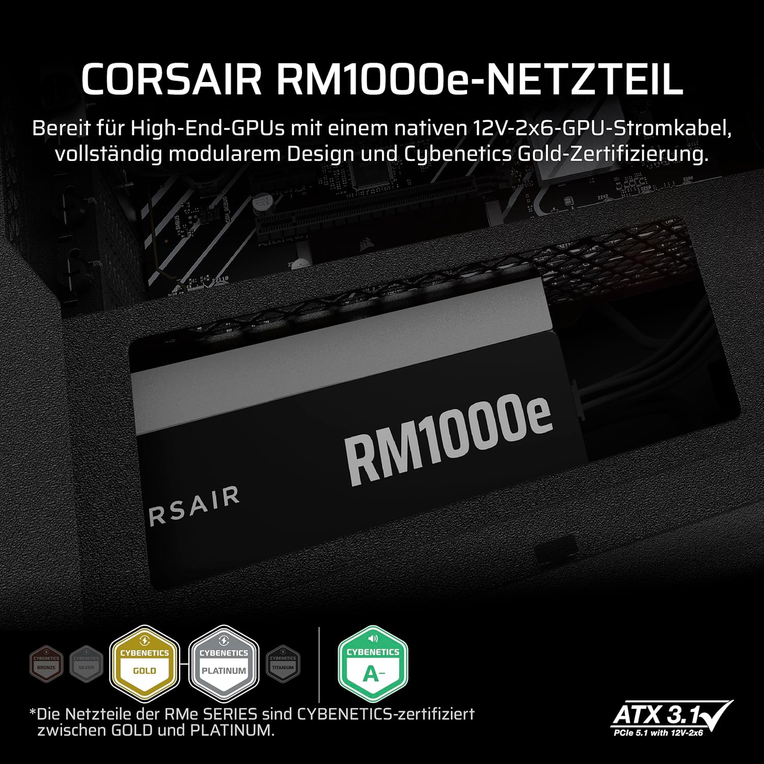 Detalle de CORSAIR RM1000e (2025) – Geräuscharmes ATX-Netzteil mit Zero RPM und ATX 3.1-Kompatibilität