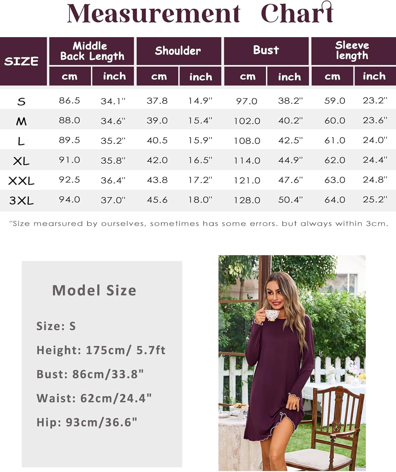 Detalle 2 de Leversic Chemise de Nuit Femme — Manches Longues, coton doux, robe de nuit courte avec volants