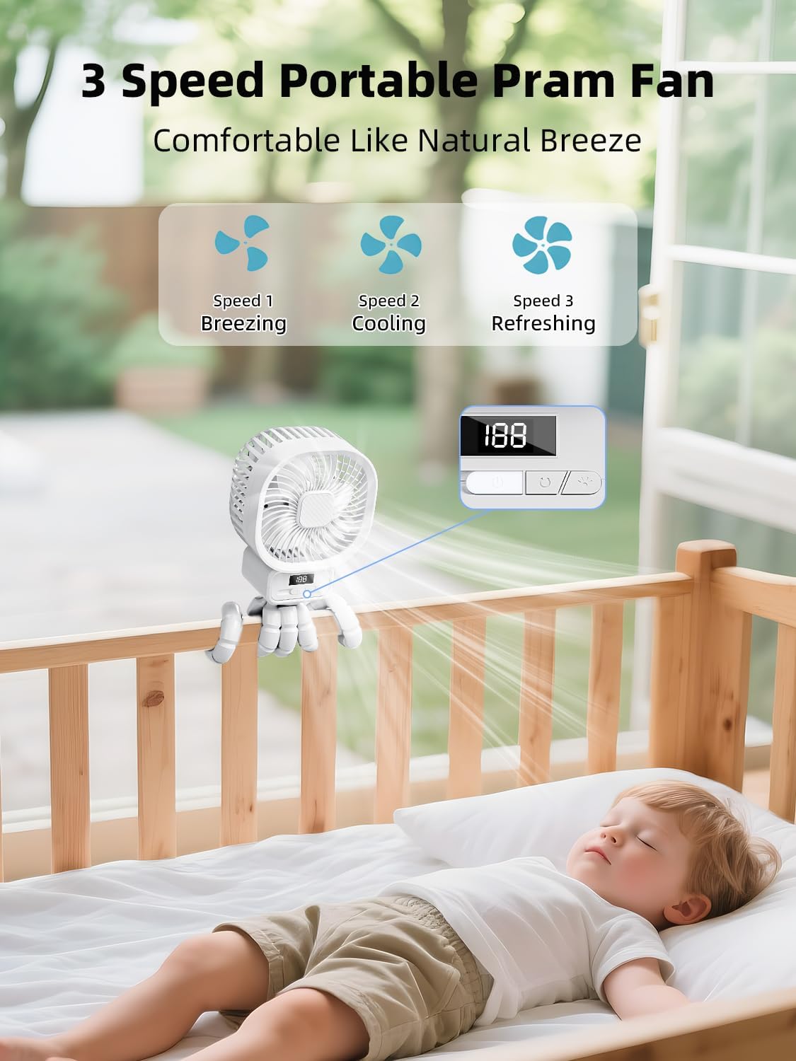 Detalle 2 de Wrischan Portable Pram Fan with 10000mAh Battery and Detachable 3-Speed Head