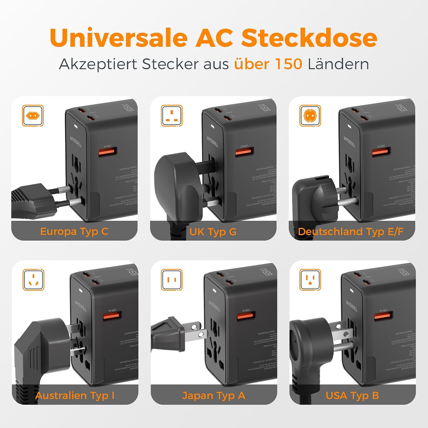 Thumbnail 4 de TESSAN 65W GaN Reiseadapter für Welt