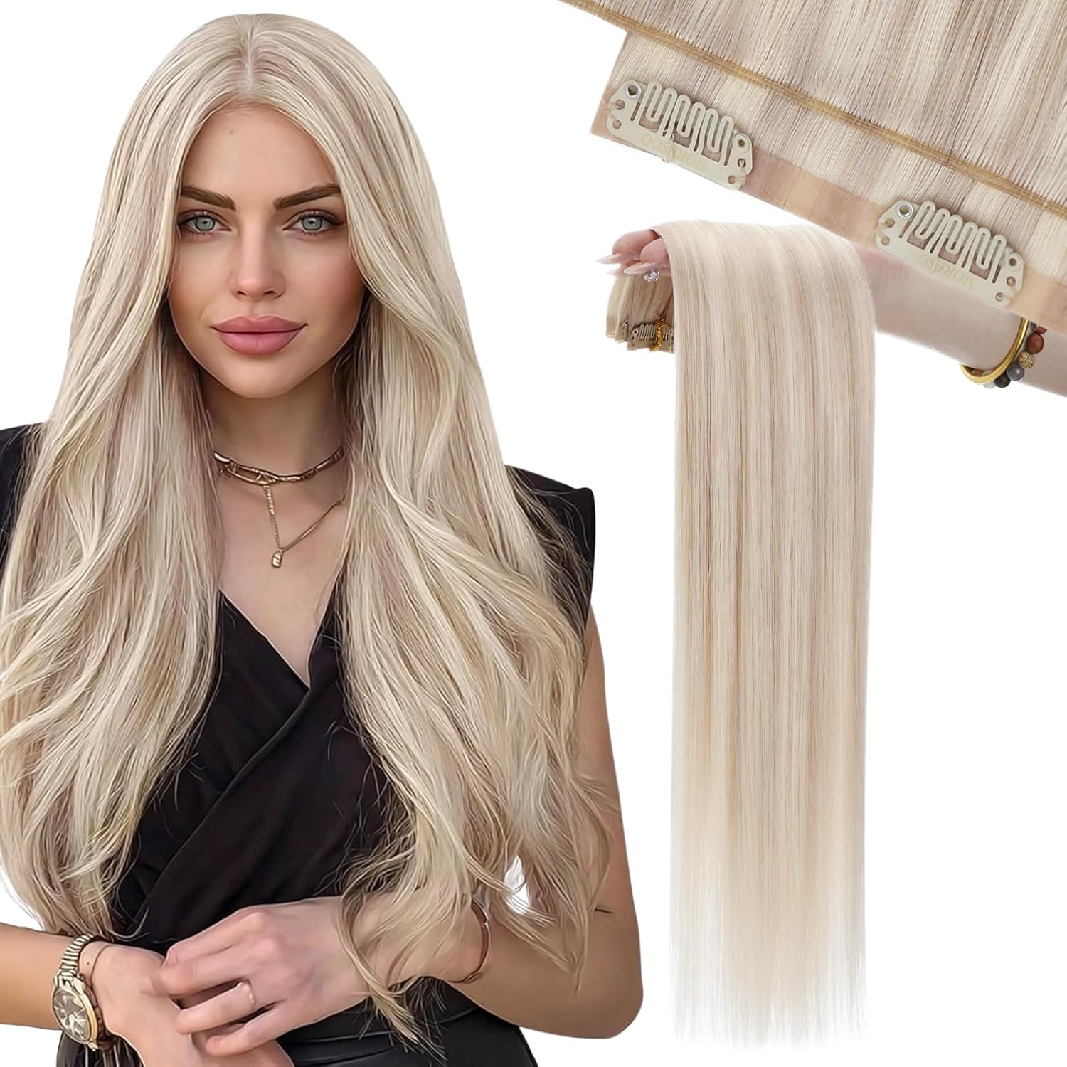 Detalle de Moresoo Ash Blonde Seamless Clip-In Hair Extensions (18in, 7Pcs, 120G) – Remy Human Hair with PU Skin Clip-in Design