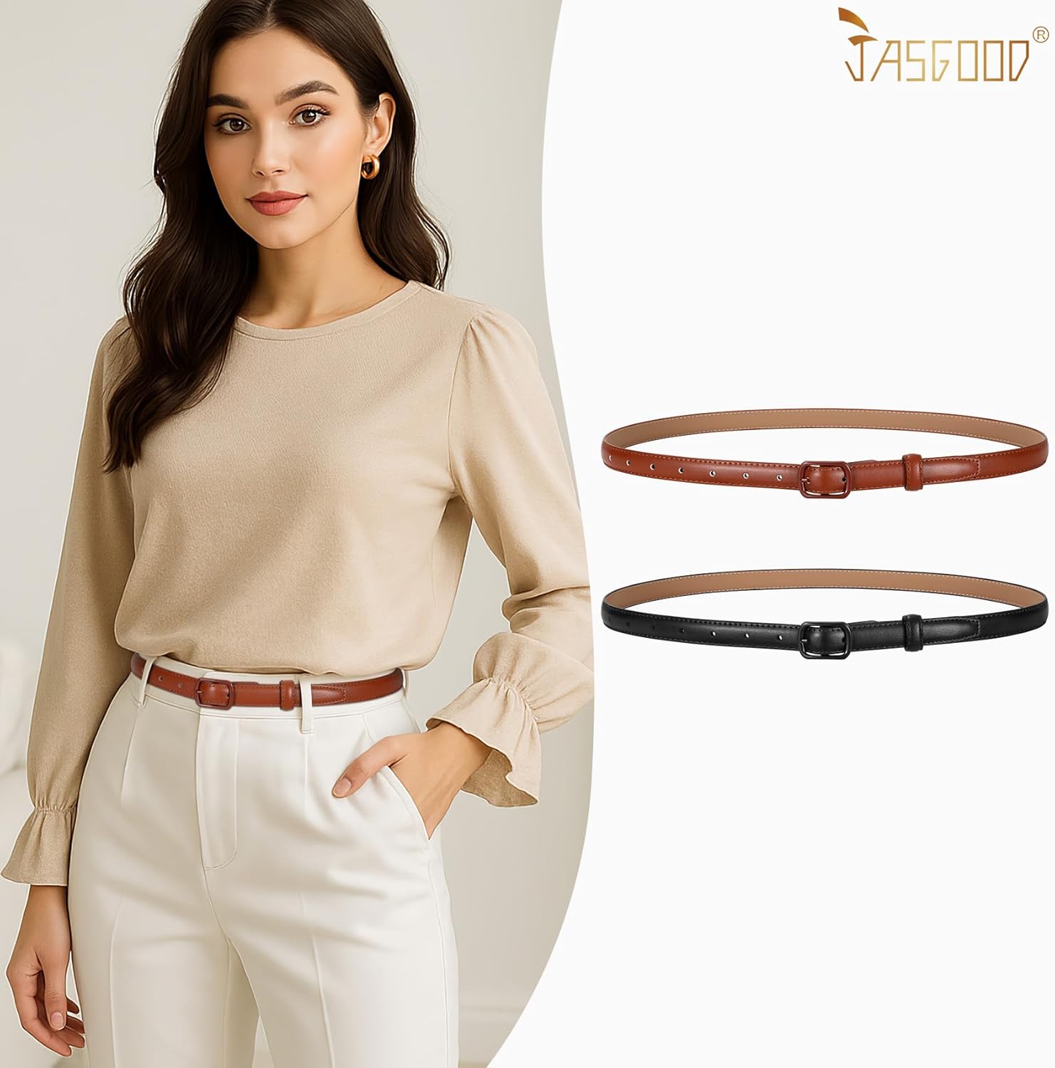 Thumbnail 2 de JASGOOD Skinny Belt for Women – Thin leather waist belt with black metal prong buckle
