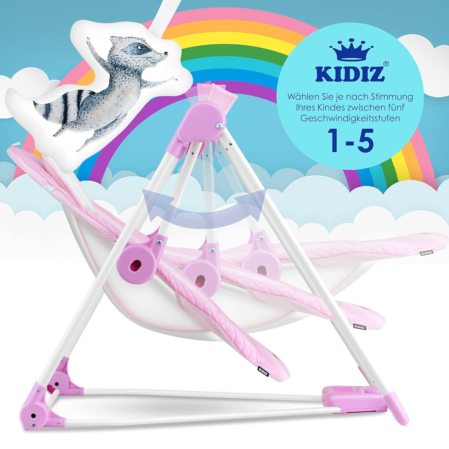 Thumbnail 2 de KIDIZ Babywippe Babyschaukel mit 5 Geschwindigkeiten – faltbar, mit Spielbogen und 5 Naturgeräuschen (Pink)