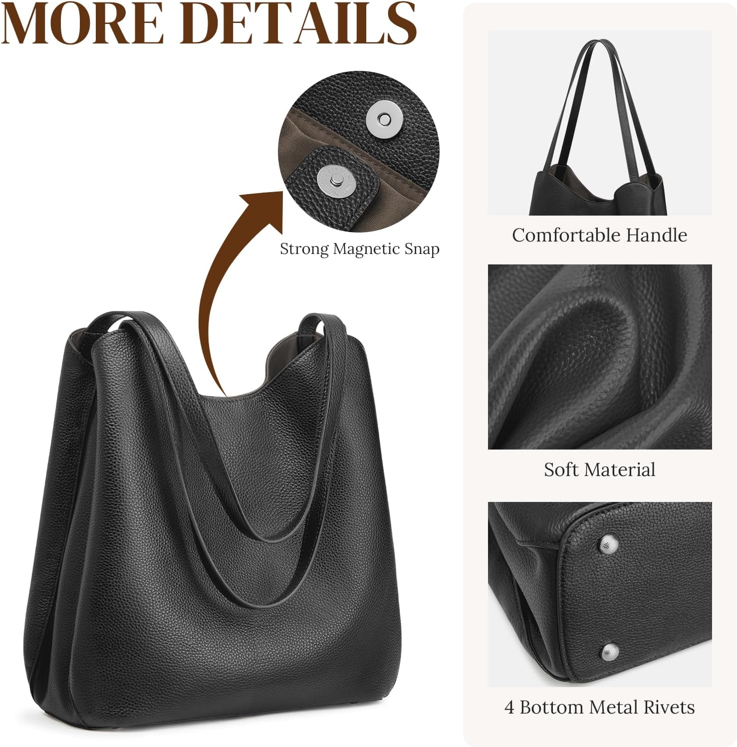 Detalle de S-ZONE Soft Genuine Leather Tote Bag for Women with Zipper & Rivets