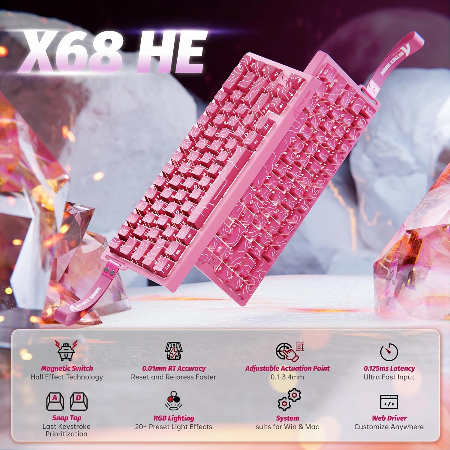 Thumbnail 1 de ATTACK SHARK X68 HE Clavier gamer 60% filaire QWERTY RGB rose avec Rapid Trigger (0,01 mm)