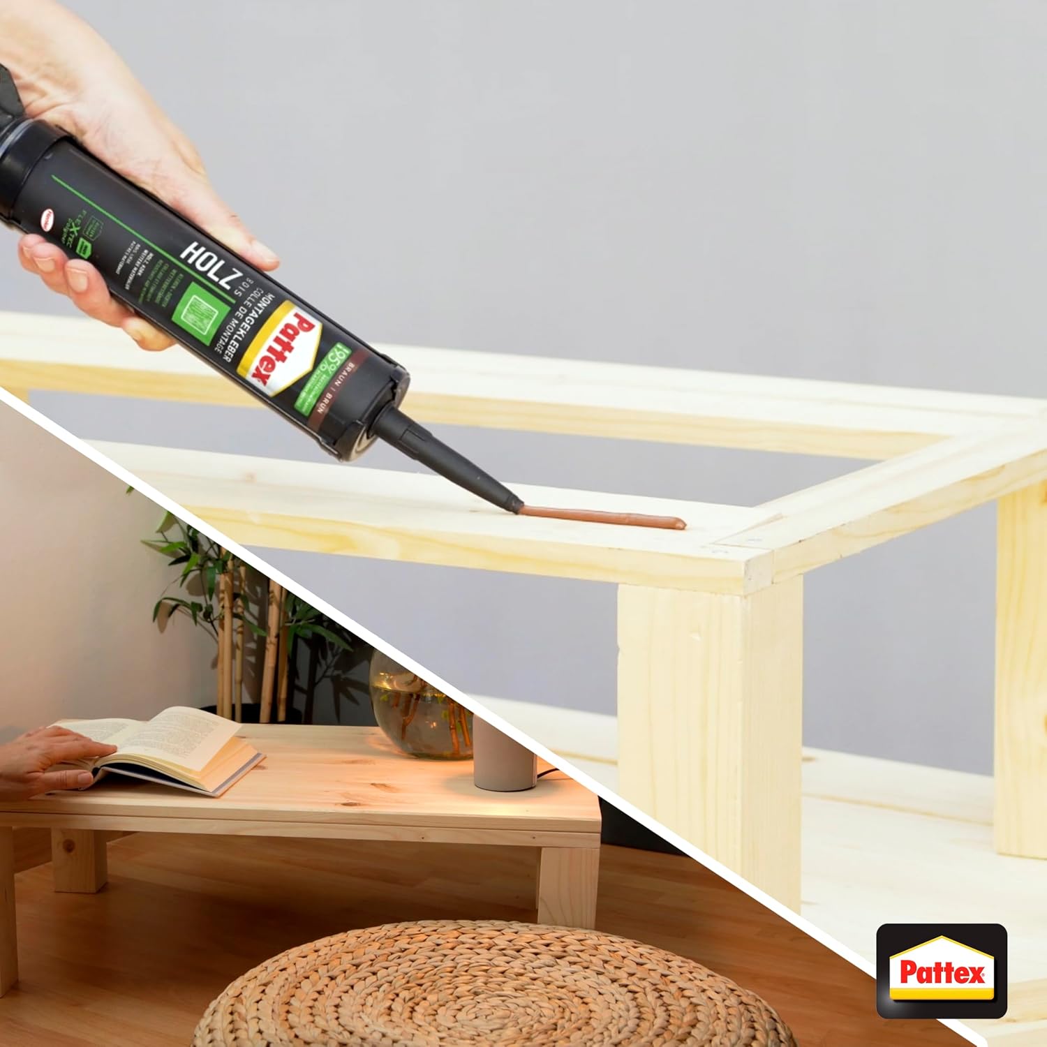 Detalle 2 de Pattex Montage Holz (FlexTec), brauner Montagekleber für Holz und Holzwerkstoffe – wetterbeständig, 1x420 g Kartusche