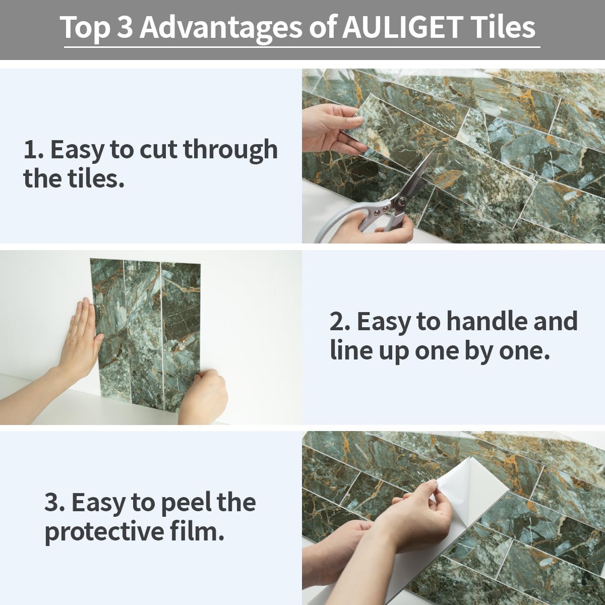 Thumbnail 6 de AULIGET Green Marble & Gold PVC Peel-and-Stick Backsplash Tiles, 40-Piece