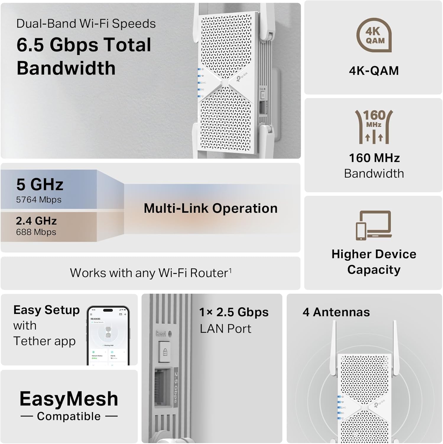 Thumbnail 1 de TP-Link RE405BE BE6500 Wi‑Fi 7 Dual Band Range Extender with 2.5Gbps Port (RE405BE)