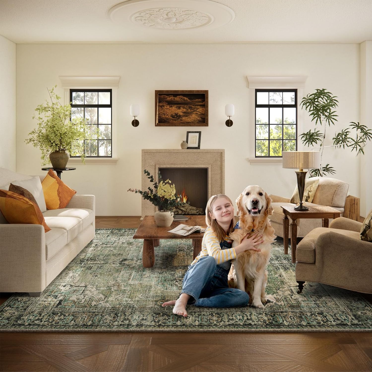 Thumbnail 5 de 9x12 Area Rug for Living Room — Washable, Non-Slip, Boho Vintage Style