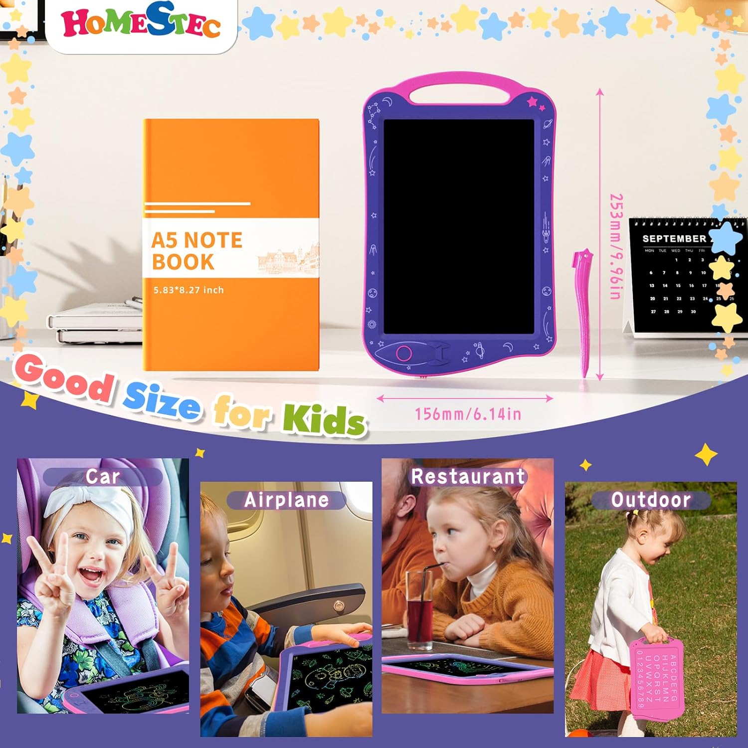 Detalle 2 de HOMESTEC AstroDraw tavoletta grafica bambini a tema spaziale con manico (rosa) LCD